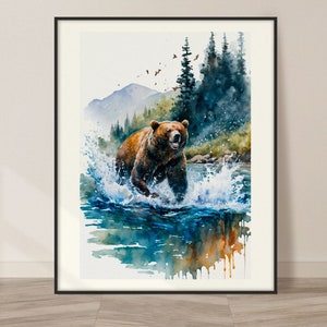 Bear Watercolor Art Print, Bear and Nature Painting Wall Art Decor, Original Artwork, Wild animals Art, Bear Painting