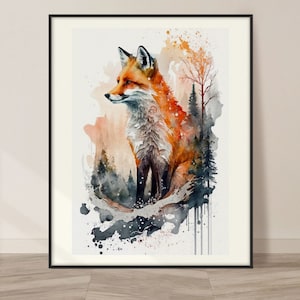 Fox and Nature Watercolor Art Print, Fox and Nature Painting Wall Art Decor, Original Artwork, Wild animals Art, Fox and Nature Painting
