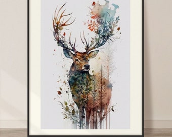 Deer Watercolor Art Print, Deer and Nature Painting Wall Art Decor, Original Artwork, Wild animals Art, Deer and Nature Painting