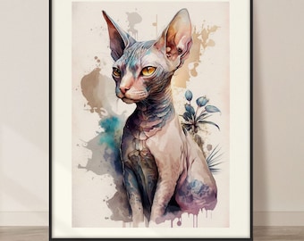Cat Sphynx Watercolor Art Print, Cat Sphynx Painting Wall Art Decor, Original Artwork, Animals Art, Cat Sphynx Painting