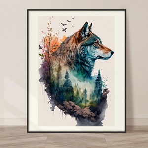 Wolf and Nature Watercolor Art Print, Wolf and Nature Painting Wall Art Decor, Original Artwork, Wild animals Art, Wolf and Nature Painting
