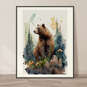 Brown bear Watercolor Art Print, Brown bear & Nature Painting Wall Art Decor, Original Artwork, Wild animals Art, Brown bear Print Painting