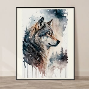 Wolf and Nature Watercolor Art Print, Wolf and Nature Painting Wall Art Decor, Original Artwork, Wild animals Art, Wolf and Nature Painting