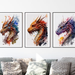 Dragons Set of 3 Watercolor Art Print, Dragons Painting Wall Art Decor, Original Artwork, Dragons Painting Art