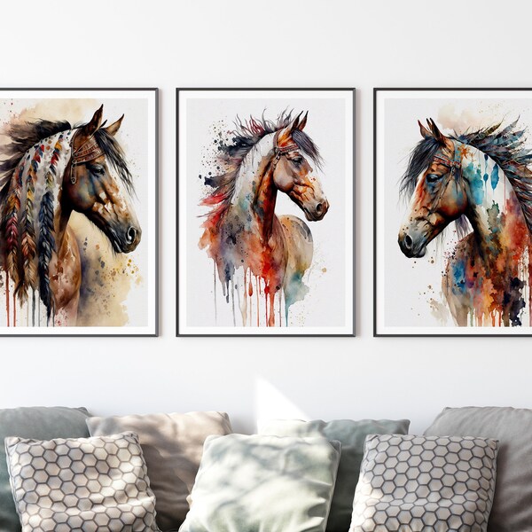 Indian Horse Set of 3 Aquarelle Art Print, Indian Horse Painting Wall Art Decor, Original Artwork, Indian Horse Painting Cherokee