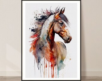 Indian Horse Watercolor Art Print, Indian Horse Painting Wall Art Decor, Original Artwork, Wild animals Art, Indian Horse Painting Cherokee