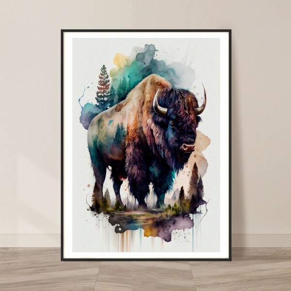 Bison Watercolor Art Print, Bison Painting Wall Art Decor, Original Artwork, Wild animals Art, Bison Print Painting, Bison and Grassland Art