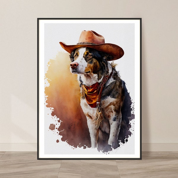 Cowboy Dog Watercolor Art Print, Cowboy Dog Painting Wall Art Decor, Original Artwork, Funny Animals Art, Cowboy Dog Painting