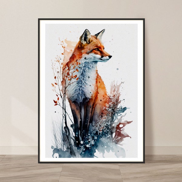 Fox and Nature Watercolor Art Print, Fox and Nature Painting Wall Art Decor, Original Artwork, Wild animals Art, Fox and Nature Painting