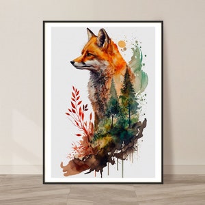 Fox and Nature Watercolor Art Print, Fox and Nature Painting Wall Art Decor, Original Artwork, Wild animals Art, Fox and Nature Painting