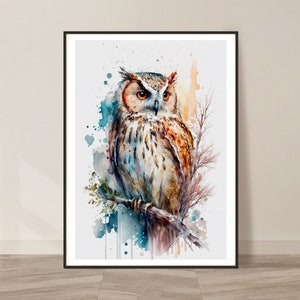 Owl and Nature Watercolor Art Print, Owl and Nature Painting Wall Art Decor, Original Artwork, Wild animals Art, Owl and Nature Painting