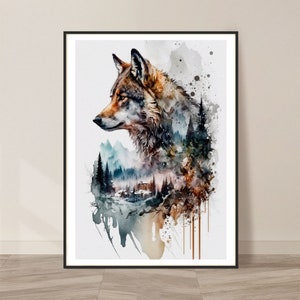 Wolf and Nature Watercolor Art Print, Wolf and Nature Painting Wall Art Decor, Original Artwork, Wild animals Art, Wolf and Nature Painting