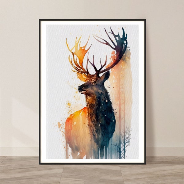 Deer Watercolor Art Print, Deer and Nature Painting Wall Art Decor, Original Artwork, Wild animals Art, Deer and Sunrise Painting