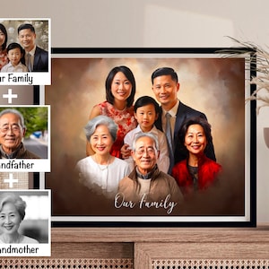 Ritratto di famiglia personalizzato ad acquerello unendo più foto, combinando foto di famiglia, aggiungendo qualcuno alla foto, aggiungendo una persona cara defunta alla foto