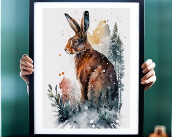 Hare Watercolor Art Print, Hare and Nature Painting Wall Art Decor, Original Artwork, Wild animals Art, Hare Painting Drawing