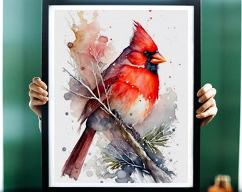 Red Cardinal Watercolor Art Print, Red Cardinal Painting Wall Art Decor, Original Artwork, Bird Art, Red Cardinal Print Painting