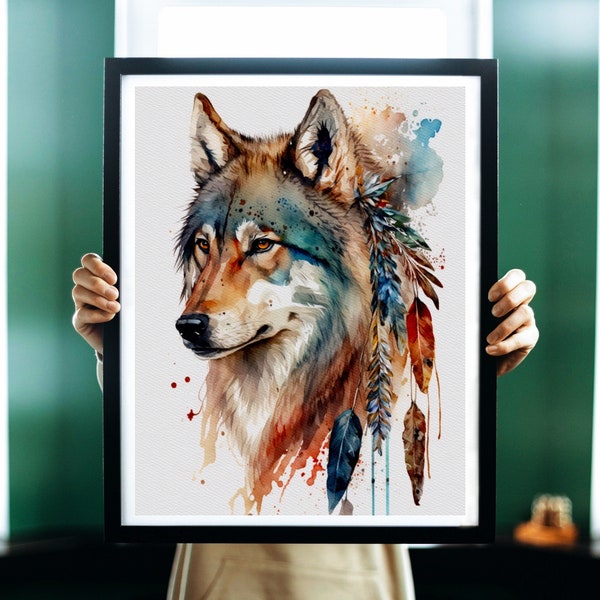 Indian Wolf Watercolor Art Print, Wolf and Nature Painting Wall Art Decor, Original Artwork, Wild animals Art, Wolf and Nature Painting