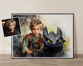 Custom Kids Portrait How To Train Your Dragon, Birthday Gift for Kids, Wall Art Kids Room