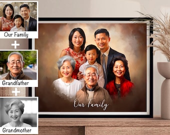Custom Watercolor Family Portrait From Merging Multiple Photos, Combine Family Photo, Add someone to Photo,Add Deceased Loved One to Photo