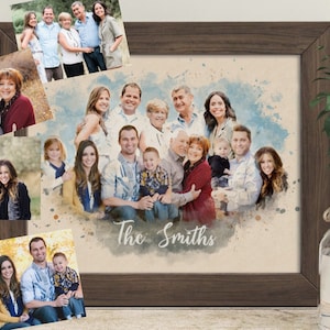 Aquarelle personnalisée portrait de famille résultant de la fusion de plusieurs photos, cadeau d'anniversaire pour parents grands-parents, perte d'un être cher