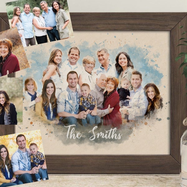 Benutzerdefiniertes Aquarell Familienporträt aus der Zusammenführung mehrerer Fotos, Jahrestagsgeschenk für Eltern Großeltern, Verlust von geliebten Menschen