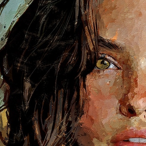 May include: An oil painting style portrait featuring a close-up of a face with dark brown hair, a light brown complexion, and a single visible eye with a golden-brown iris. The lips are painted in a soft pink hue with visible white teeth.