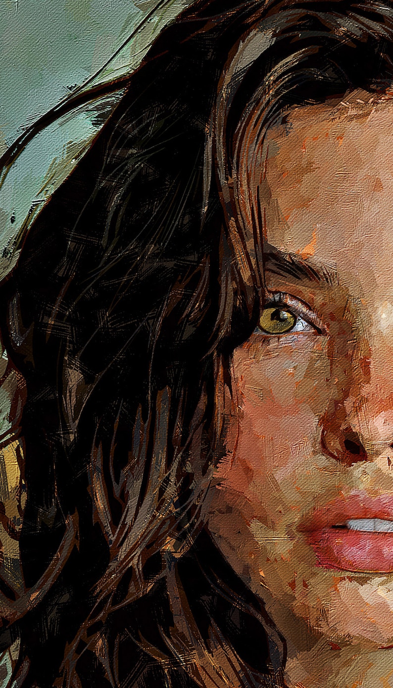 May include: An oil painting style portrait featuring a close-up of a face with dark brown hair, a light brown complexion, and a single visible eye with a golden-brown iris. The lips are painted in a soft pink hue with visible white teeth.