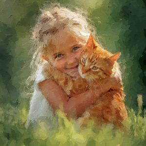 May include: An oil painting style depiction of a young child with blonde hair wearing a white shirt, embracing a ginger tabby cat. The scene features soft, textured brushstrokes with a vibrant green background, capturing a gentle moment.