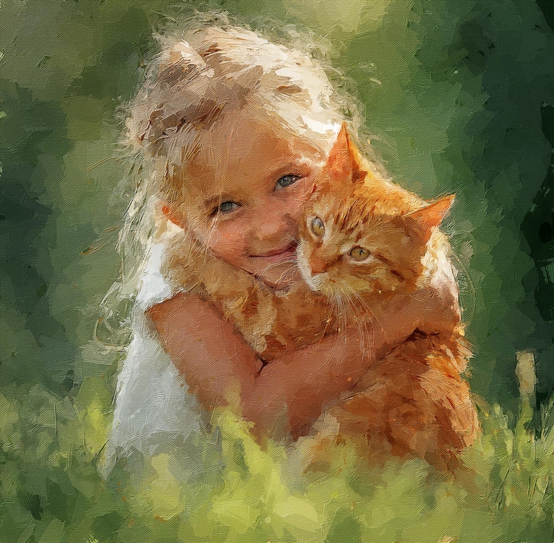 May include: An oil painting style depiction of a young child with blonde hair wearing a white shirt, embracing a ginger tabby cat. The scene features soft, textured brushstrokes with a vibrant green background, capturing a gentle moment.