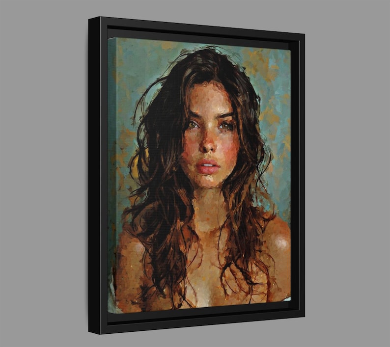 May include: A framed oil painting on canvas depicting a portrait of a person with long, wavy dark brown hair, light skin, and hazel eyes. The background features textured brushstrokes in shades of blue, teal, and gold, set in a black frame.