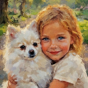 May include: An oil painting depicting a young child with wavy blonde hair and blue eyes, wearing a light-colored shirt, embracing a small, fluffy white dog with dark eyes and a black nose, set against a soft, sunlit outdoor park background.