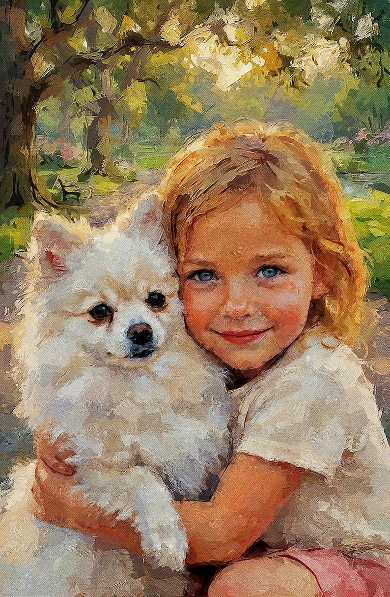 May include: An oil painting depicting a young child with wavy blonde hair and blue eyes, wearing a light-colored shirt, embracing a small, fluffy white dog with dark eyes and a black nose, set against a soft, sunlit outdoor park background.