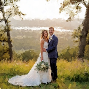 May include: A couple poses outdoors on their wedding day. The bride wears a white lace wedding dress and holds a bouquet of white flowers. The groom wears a navy blue suit. The background features a scenic view of rolling hills and trees.