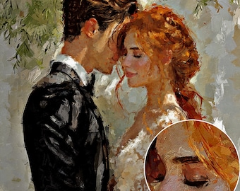 Dipinto da foto, stampa digitale di pittura a olio su tela, ritratto di coppia personalizzato da foto, matrimonio, anniversario