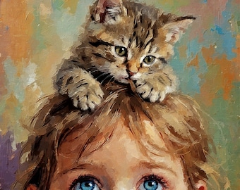 Custom Kids Portrait from Photo, Child and Pet Oil Painting Style Canvas Print, Birthday Gift