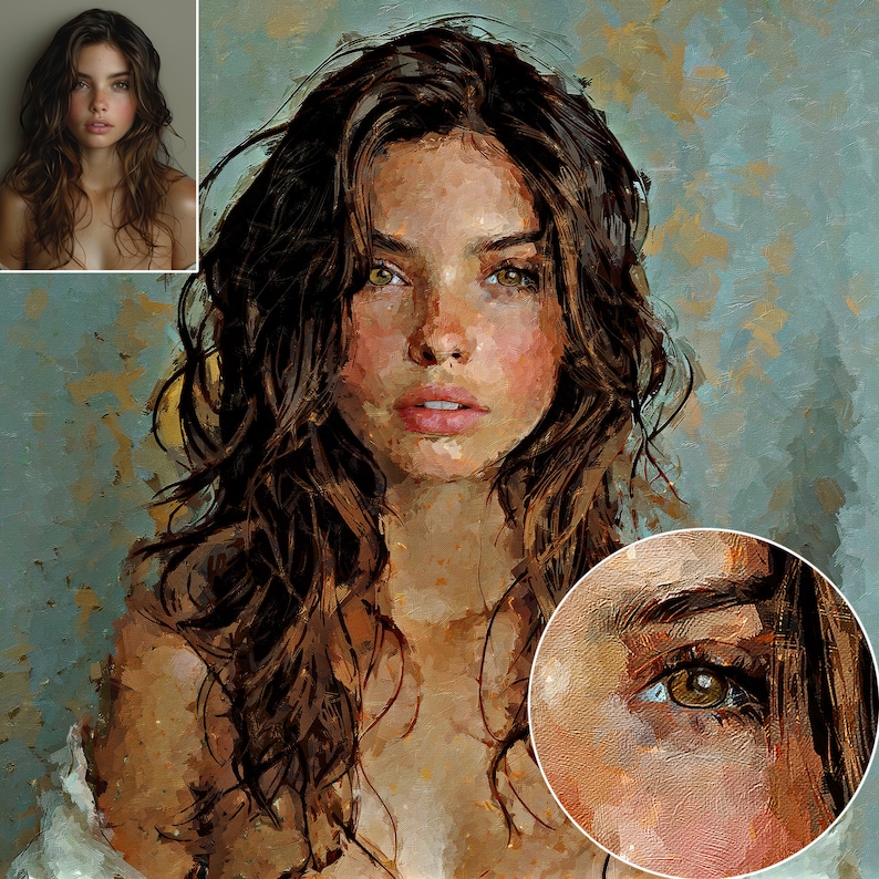 May include: An oil painting portrait of a person with long wavy brown hair and hazel eyes. The artwork features visible brushstrokes and a textured surface, with a circular inset showing a detailed view of the eye and skin texture.