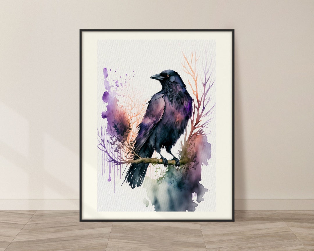 Crow Watercolor Art Print, Crow and Nature Painting Wall Art Decor ...