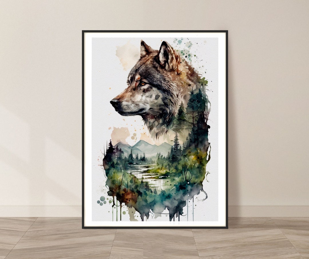 Wolf and Nature Watercolor Art Print, Wolf and Nature Painting Wall Art ...