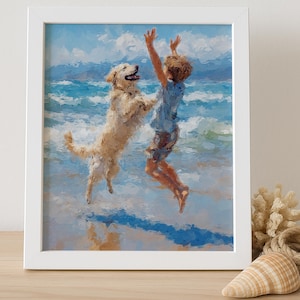 May include: A framed oil painting depicting a golden dog and a child jumping together in the shallow surf of a blue ocean. The scene features visible brushstrokes, white sea foam, and a bright sky, all encased in a simple white frame.