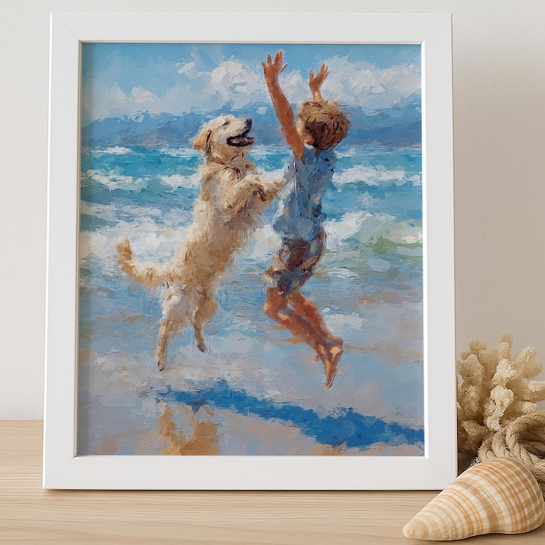May include: A framed oil painting depicting a golden dog and a child jumping together in the shallow surf of a blue ocean. The scene features visible brushstrokes, white sea foam, and a bright sky, all encased in a simple white frame.