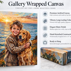 May include: A gallery wrapped canvas print featuring an oil-style painting of a child hugging a golden retriever dog at sunset by the ocean. The product features a 1.5-inch solid wood frame and a 1.25-inch depth, with a matte finish.