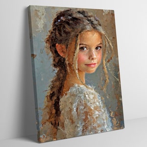 May include: A canvas print featuring an oil painting of a young person with brown hair styled in a braid, looking over their shoulder. The portrait uses visible, textured brushstrokes in shades of brown, tan, and soft blue against a neutral background.
