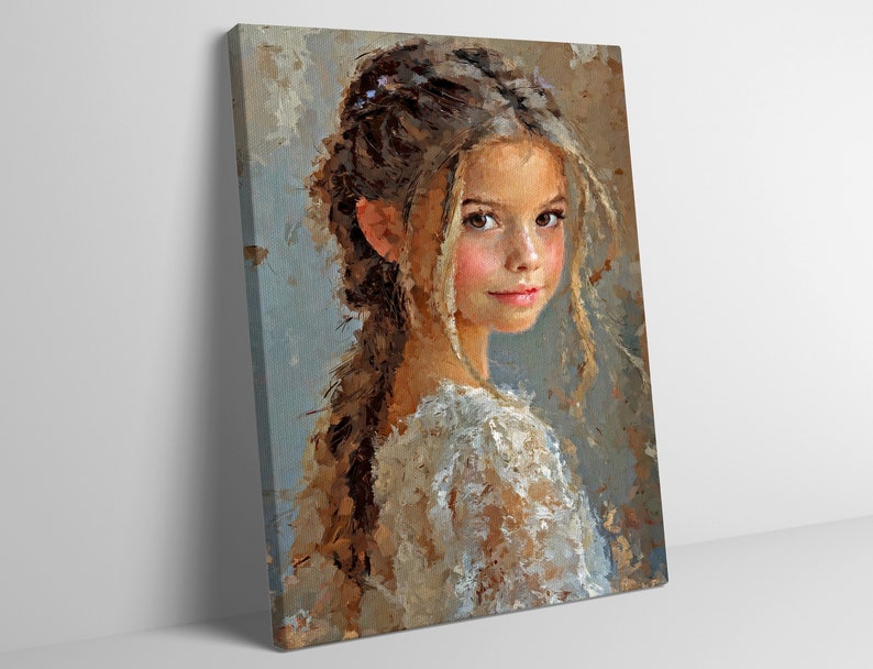 May include: A canvas print featuring an oil painting of a young person with brown hair styled in a braid, looking over their shoulder. The portrait uses visible, textured brushstrokes in shades of brown, tan, and soft blue against a neutral background.