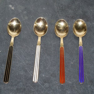 Set Of 4 Vintage Enameled Sterling Silver Copenhagen Denmark Gold Wash Tea Spoons