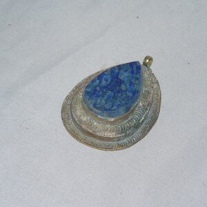 Middle Eastern Large Lapis Pendand Charm Necklace cased in silver color metal