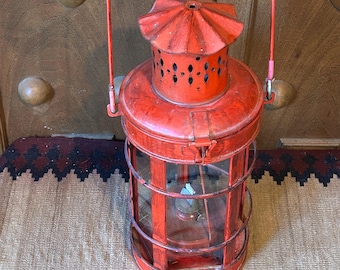 Vintage Oil Kerosene Or Candle Six Panel Hanging Patio Red Lantern Lamp