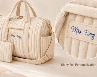 Personalized Velvet Duffle Bag with Trolley / Luggage Sleeve, Custom Name Carry-On Weekender + Small Pouch for Women & Girls Overnight Bags