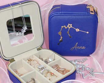 Estuche de viaje para joyas con constelación de nacimiento, regalo personalizado para propuesta de dama de honor, joyero de viaje de cuero, estuche de viaje con iniciales y nombre.