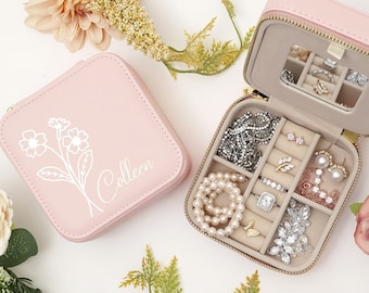 Estuche para joyas con la flor del mes de nacimiento, caja de viaje personalizada con la flor de nacimiento, regalo de Navidad y fiestas, regalos de boda, estuche para joyas personalizado