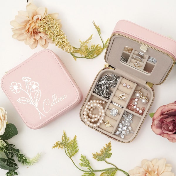 Personalised Travel Jewellery Box, Custom Birth Flower Jewelry Case ...